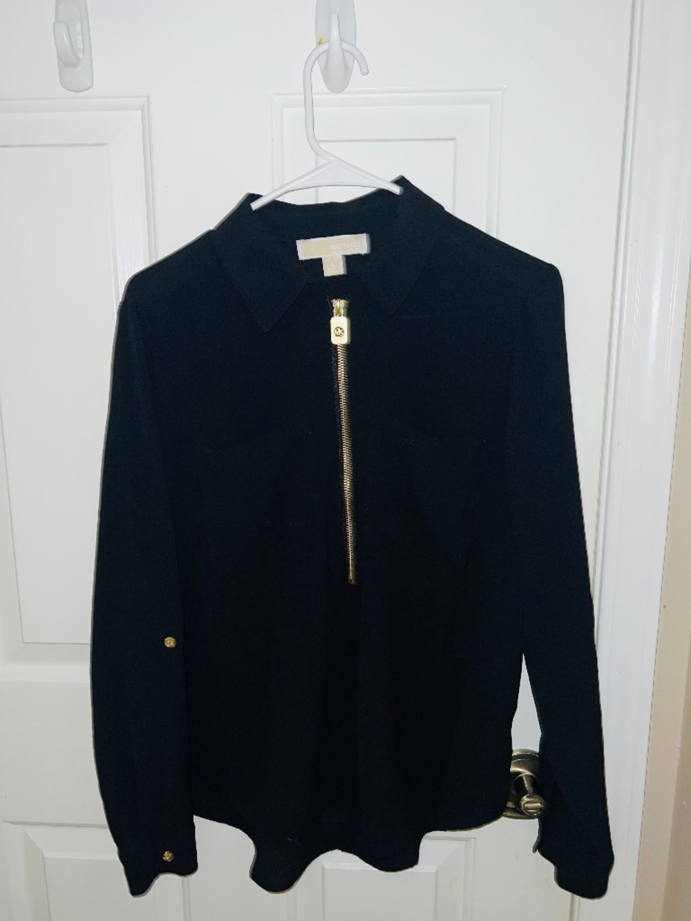 Michael Kors Black Gold Half Dog Tag Zip Blouse with Roll Up Sleeves Size Medium